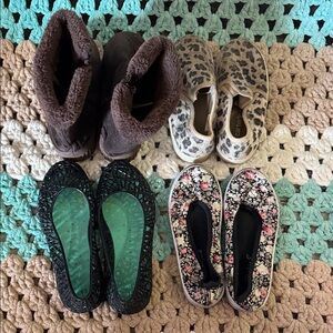 4pc Bundle Leopard Floral Jelly SlipperPrint Slip-On Boots Shoes Girls Sz 12 13